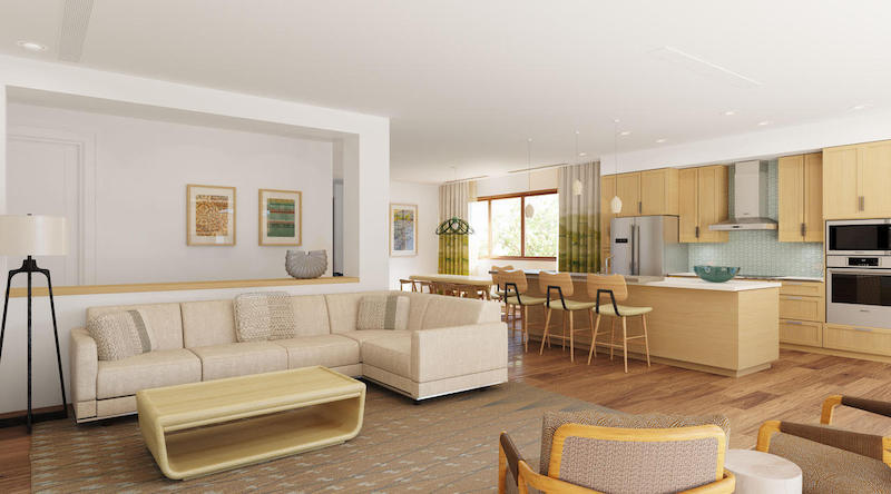 Rendering showing the living room interior for Luana Garden Villas at Honua Kai